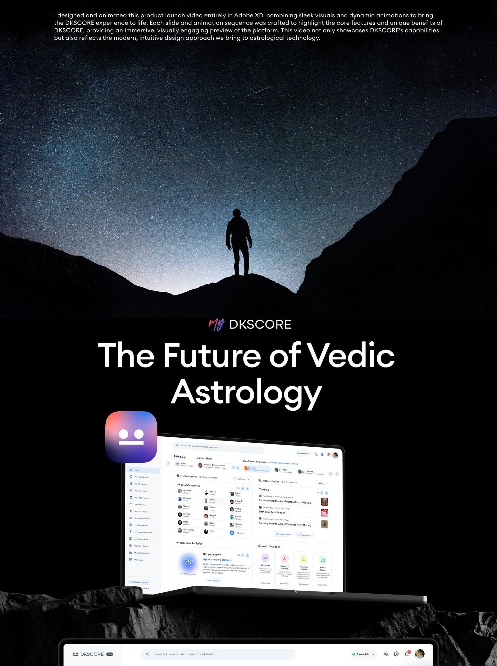 DKSCORE – A New Dimension of Astrology, Designed by Kaarigari Labs DKSCORE is an AI-powered astrology platform crafted by Kaarigari Labs, blending ancient Vedic wisdom with modern design and technology. From intuitive UI/UX and brand identity to immersive motion visuals, every element reflects balance, purpose, and innovation — redefining how astrology connects with today’s digital world.
